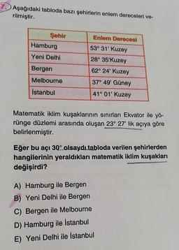 7. Aşağıdaki tabloda bazı şehirlerin enlem dereceleri ve-
rilmiştir.
Enlem Derecesi
Şehir
Hamburg
53° 31' Kuzey
Yeni Delhi
28° 35'Kuzey
62° 24' Kuzey
Bergen
Melbourne
37° 49' Güney
İstanbul
41° 01' Kuzey
Matematik iklim kuşaklarının sınırları Ekvator ile yö-
rünge düzlemi arasında oluşan 23° 27' lik açıya göre
belirlenmiştir.
Eğer bu açı 30° olsaydı tabloda verilen şehirlerden
hangilerinin yeraldıkları matematik iklim kuşakları
değişirdi?
A) Hamburg ile Bergen
B) Yeni Delhi ile Bergen
C) Bergen ile Melbourne
D) Hamburg ile İstanbul
E) Yeni Delhi ile İstanbul
