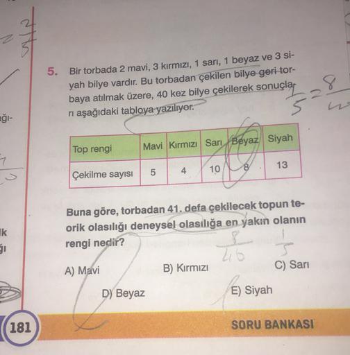 5. Bir torbada 2 mavi, 3 kırmızı, 1 sarı, 1 beyaz ve 3 si-
yah bilye vardır. Bu torbadan çekilen bilye geri tor-
baya atılmak üzere, 40 kez bilye çekilerek sonuçlar
ni aşağıdaki tabloya yazılıyor.
a
8
3
ağl-
Top rengi
Mavi Kırmızı Sarı Beyaz Siyah
7
13
4
8