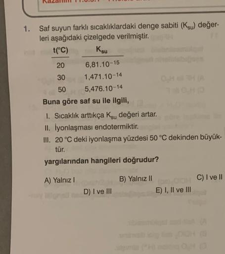 Ksu
1. Saf suyun farklı sıcaklıklardaki denge sabiti (Ksu) değer-
leri aşağıdaki çizelgede verilmiştir
.
t(°C)
20
6,81.10-15
30
1,471.10-14
OH
50 5,476.10-14
CH
Buna göre saf su ile ilgili,
1. Sıcaklık arttıkça Ksu değeri artar.
II. İyonlaşması endotermikt