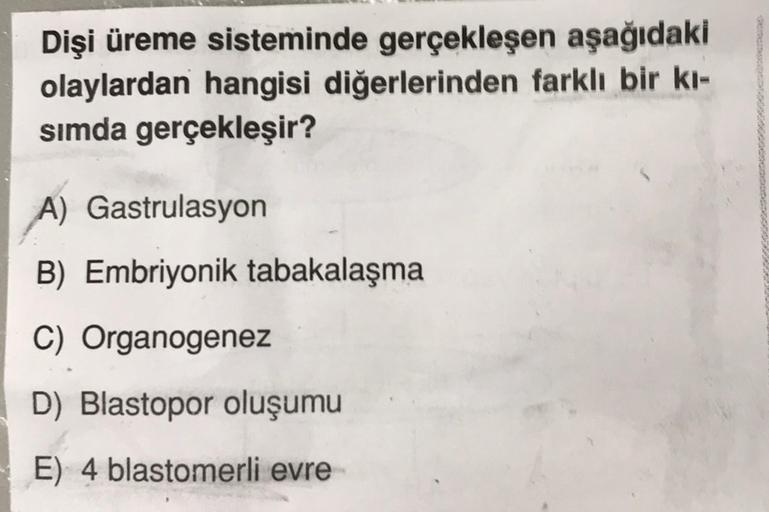 Dişi üreme sisteminde gerçekleşen aşağıdaki
olaylardan hangisi diğerlerinden farklı bir ki-
simda gerçekleşir?
A) Gastrulasyon
B) Embriyonik tabakalaşma
C) Organogenez
D) Blastopor oluşumu
E) 4 blastomerli evre
