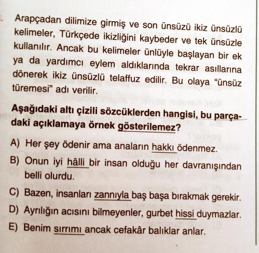 Arapçadan dilimize girmiş ve son ünsüzü ikiz ünsüzlü
kelimeler, Türkçede ikizliğini kaybeder ve tek ünsüzle
kullanılır. Ancak bu kelimeler ünlüyle başlayan bir ek
ya da yardımcı eylem aldıklarında tekrar asıllarina
dönerek ikiz ünsüzlü telaffuz edilir. Bu 