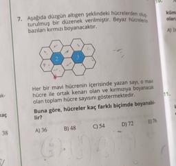 küm
olara
7. Aşağıda düzgün altıgen şeklindeki hücrelerden oluş
turulmuş bir düzenek verilmiştir. Beyaz hücrelerin
bazıları kırmızı boyanacaktır.
A) 10
2
3
ak-
11.
Her bir mavi hücrenin içerisinde yazan sayı, o mavi
hücre ile ortak kenarı olan ve kırmızıya boyanacak
olan toplam hücre sayısını göstermektedir.
Buna göre, hücreler kaç farklı biçimde boyanabi-
lir?
kaç
E) 76
C) 54
D) 72
B) 48
38
A) 36
6).
