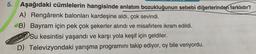 5. Aşağıdaki cümlelerin hangisinde anlatım bozukluğunun sebebi diğerlerinden farklıdır?
A) Rengârenk balonları kardeşine aldı, çok sevindi.
B) Bayram için pek çok şekerler alındı ve misafirlere ikram edildi.
Su kesintisi yaşandı ve karşı yola keşif için geldiler.
D) Televizyondaki yarışma programını takip ediyor, oy bile veriyordu.