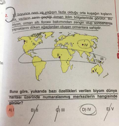 Yll boyunca nem ve yağışın fazla olduğu orta kuşağın kışların
2.
Alik, yazların serin-geçtiği uliman iklim bölgelerinde görülür. Bu
biyom, orman altı florası bakımından zengin olup sonbaharda
yapraklarını döken ağaçlardan oluşan ormanlara sahiptir.
thenimhncam
IV
Esi
a
Buna göre, yukarıda bazı özellikleri verilen biyom dünya
haritası üzerinde numaralanmış merkezlerin hangisinde
görülür?
A) 1 B1
B)
d) D) IV E V