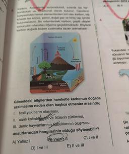 etkilegiminin daha
A)
B) #1
Karbon, Atmosterde karbondioksit, sularda me kar-
bondioksit ve bikarbonat olarak bulunur. Canan
bünyesindeki temel elementlerden biri olan karbor, tas
Korede ise kömür, petrol, doğal gaz ve kireç tasr içinde
bulunmaktadır. Bu o