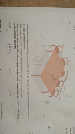 U
kare bas
Buna g
8.
73 cm
V3 cm
10 cm
A) 19
√3 cm
3 am
10 cm
10 cm
3 cm
10.
30
lov
2002
Lovg
Y
Yukarıda verilen dikdörtgen şeklindeki masanın etrafına 3 cm genişliğindeki sandalyeler aralarında 10 ar cm boş-
luk olacak şekilde dizilmişlerdir.
Köşe noktalarında bulunan sandalyeler masanın kenarlarına hizalı bir şekilde durmaktadır.
Buna göre bu masanın üstünü boşluk kalmayacak şekilde örtecek masa örtüsünün çevresinin uzunluğu en
az kaç santimetre olmalıdır?
A) 73
B) 75
C) 77
D) 78
Diger sayfaya geçiniz.
