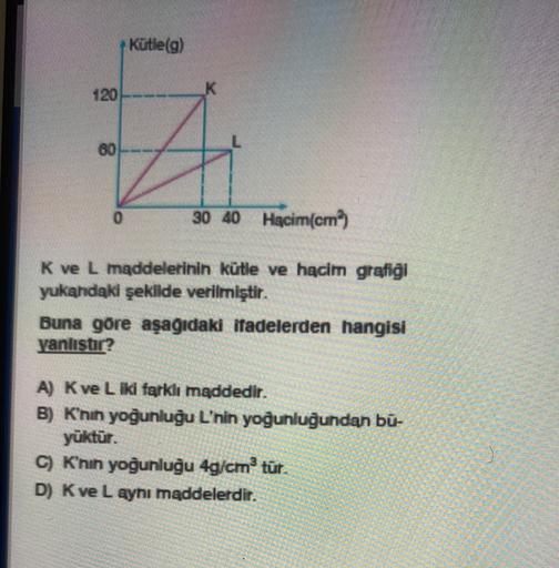 Kütle(g)
120
60
0
30 40 Hacim(cm)
K ve L maddelerinin kütle ve hacim grafiği
yukandaki şekilde verilmiştir.
Buna göre aşağıdaki ifadelerden hangisi
yanlıstır?
A) Kve L iki farklı maddedir.
B) K'nın yoğunluğu L'nin yoğunluğundan bū-
yüktür.
C) K'nın yoğunlugu 4g/cm tür.
D) Kve L aynı maddelerdir.