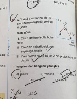 D) II ve III
E) I, II ve
vel
3) I ve II
D. x.
AIE
X, Y ve Z atomlarına ait İ.E -
atom numarası grafiği şekilde-
ki gibidir.
IS
16
Z
Atom
numarası
Prf Yayınları
Buna göre,
1. Xile Z farklı periyotta bulu-
nurlar.
II. Xile Z nin değerlik elektron
sayısı eşit olabilir.
...
III. Y nin proton sayısı 15 ise Z nin proton sayısı 16
olabilir.
a iliş-
niz III
yargılarından hangileri yanlıştır?
A) Yalnız!
B) Yalnız II
C)Yalnız III
D) I ve
EI ve III
3
su
215
<