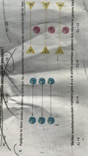 A-0
Kalenin icine yazılacak fatn Sex Nach
8-16
5. Aşağıda iki farklı türden modelleme verilmiştir. Bu modellemelerdeki tam sayılar arasında kurall bir iki
+18
Verilen modellemelerdeki ilişkilere göre A ve B yerine yazılması gereken tam sayıların çarpımı ka