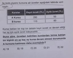 İki farklı piyano kursuna ait ücretler aşağıdaki tabloda veril-
miştir.
Kurslar
Kayıt ücreti (TL) Aylık ücret (TL)
290
50
A Kursu
110
B kursu
60
Kursa katılan bir kişi bir defalık kayıt ücreti ve devam ettiği
her ay için aylık ücret ödeyecektir.
Buna göre, ücretleri belirtilen kurslardan birine katılan
bir kişinin en az kaç ay kursa devam etmesi durumunda
A kursuna katılması daha avantajlıdır?
D) 21
E) 22
B) 19
A) 18
C) 20
