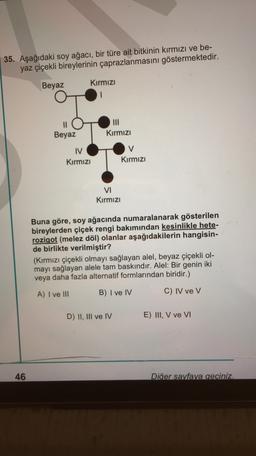 35. Aşağıdaki soy ağacı, bir türe ait bitkinin kırmızı ve be-
yaz çiçekli bireylerinin çaprazlanmasini göstermektedir.
Beyaz
Kırmızı
III
Kırmızı
Beyaz
IV
Kırmızı
V
Kırmızı
VI
Kırmızı
Buna göre, soy ağacında numaralanarak gösterilen
bireylerden çiçek rengi bakımından kesinlikle hete-
rozigot (melez döl) olanlar aşağıdakilerin hangisin-
de birlikte verilmiştir?
(Kırmızı çiçekli olmayı sağlayan alel, beyaz çiçekli ol-
mayı sağlayan alele tam baskındır. Alel: Bir genin iki
veya daha fazla alternatif formlarından biridir.)
A) I ve III
B) I ve IV
C) IV ve V
D) II, III ve IV
E) III, V ve VI
46
Diğer sayfaya geciniz.
