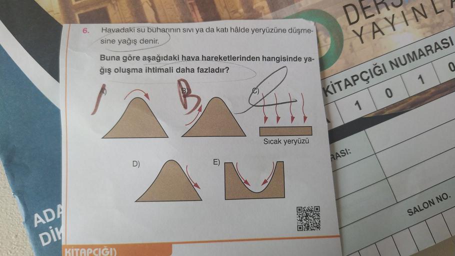 DI
YAYIN
6.
Havadaki su buharının sıvı ya da katı hâlde yeryüzüne düşme-
sine yağış denir.
Buna göre aşağıdaki hava hareketlerinden hangisinde ya-
ğış oluşma ihtimali daha fazladır?
1
0
KİTAPÇIĞI NUMARASI
1
Sıcak yeryüzü
D)
E)
RASI:
O
SALON NO.
ADA
DIH
KİTAPCIGI)