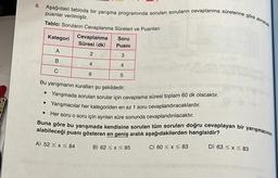 8. Aşağıdaki tabloda bir yarışma programında sorulan soruların cevaplanma sürelerine göre alınacak
puanlar verilmiştir.
Tablo: Soruların cevaplanma Süreleri ve Puanları
Kategori
Cevaplanma
Süresi (dk)
Soru
Puanı
A
2
3
B
4
4
C
6
5
Bu yarışmanın kuralları şu şekildedir.
• Yarışmada sorulan sorular için cevaplama süresi toplam 60 dk olacaktır.
• Yarışmacılar her kategoriden en az 1 soru cevaplandıracaklardır.
Her soru o soru için ayrılan süre sonunda cevaplandırılacaktır.
.
Buna göre bu yarışmada kendisine sorulan tüm soruları doğru cevaplayan bir yarışmacının
alabileceği puanı gösteren en geniş aralık aşağıdakilerden hangisidir?
A) 52 < X < 84
B) 62 <x< 85
C) 60 < x < 83
D) 63 < X < 83
Botimoldanten