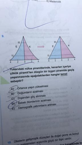 E) Madencilik
9.
.
65
65
E
K
K
E
15
15
+
2
4
0
2
4
2
0
Yukarıdaki nüfus piramitlerinde, kenarları içeriye
çökük piramit'ten düzgün bir üçgen piramide geçiş
yaşanmasında aşağıdakilerden hangisi temel
sebeptir?
A) Ortanca yaşın yükselmesi
BY Doğumların azalması
© Dışarıdan göç alınması
D) Bebek ölümlerinin azalması
G
E) Demografik yatırımların artması
10. Ülkelerin gelişmişlik düzeyleri ile doğal çevre ve konut
ni malzemeleri arasında güçlü bir ilişki vardır.
non hangisinde bu