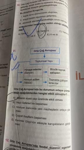 ayali
10. Orta Çağ Avrupası'nda
gelişmiş, ancak üretim iç piyasanın ihtiyaçlarını
Ispanya'ya, Frank
Here ye, Normanlar
eşmişlerdir.
layabilecek düzeyde gerçekleştirilmiştir.
Bu durumun Avrupa'da,
1. kapalı tarım ekonomisinin oluşması,
II. sosyal adalet olgusunun gelişmesi,
E
III. ekonomik alandaki hareketliliğin sinirli kalması
sonuçlarından hangilerine neden olduğu söylene
olduğu savu
mez?
B) Yalniz 11
C) Yalnız
E) II ve III
C) Yalniz ill
A) Yalnız
D) I ve II
III
11.
Orta Çağ Avrupası
Toplumsal Yapı
ün toprak
akilerden
Himaye edenler
(Senyör)
Büyük toprak
sahipleri
r siyasal
İL
karel
Himaye edilen
(Vassal)
Toprakta çalışan
kiracılar
la kay-
Orta Çağ Avrupası'nda bu durumun ortaya çıkma.
sinda aşağıdakilerden hangisi etkili olmuştur?
A) Kilisenin siyasi yapı üzerinde etkili olması
B) Haçlı Seferleri'nin başlaması
C) Hristiyan inancında yeni mezheplerin ortaya çık-
masi
D) Coğrafi Keşiflerin başlaması
E) Kavimler Göçü'nün etkisiyle karışıklıkların görül-
mesi
lar
alk
$-
12. Orta Çağ Avrupası'nda feodal düzenin egemen
olmasında aşağıdakilow
MIST