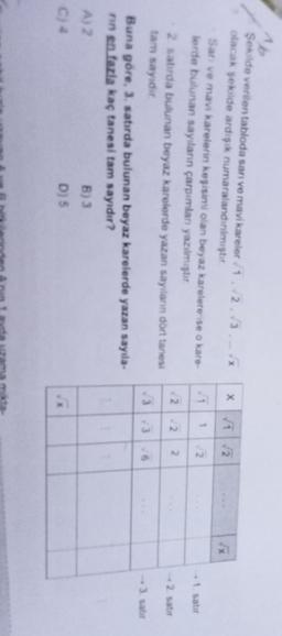 X
x
1
2.
1 satir
22
2
2. sats
Şekilde verilen tabloda san ve mavi kareler 1. 2..3.....
olacak şekilde ardişik numaralandinimıştır.
Sari ve mavi karelerin keşisimi olan beyaz karelere ise o kare-
berde bulunan sayılan çarpımlar yazılmıştır.
2. satrda bulunan beyaz karelerde yazan sayıların dört tanesi
tam sayıda
Buna göre, 3. satırda bulunan beyaz karelerde yazan saytla.
nn en fazla kaç tanesi tam sayıdır?
A) 2
B) 3
C)
D) 5
3.3
6
3. Sat
