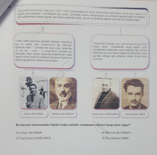 5.
ibnürrefik Ahmet Nur Sekizinci (1874-1935), Darubedayinin ikinci döneminde aktif görev almış oyun yazarı ve
tiyatro oyuncusudur." cümlesinde yay ayraç cümledeki anlamı tamamlayan ve cümlenin dışında kalan ek bilgiler
için kullanılırken kesme işareti; özel adlara getirilen iyelik, durum ve bildirme eklerini ayırmak için kullanılmıştır.
- 1940-1960 yıllarında ülkedeki değişim, hayatla iç
içe bir sanat olan tiyatromuzu da yakından
ilgilendirmiştir." cümlesinde kısa çizgi, arasında,
ve, ile, la...den ...e anlamlarını vermek için
kelimeler veya sayılar arasında kullanılırken virgül
işareti, birbiri ardınca sıralanan eş görevii kelime ve
kelime grupların arasına konmuştur.
"Alexander Dumas, oyun yazma konusunda Cok
kolay.' diyor." cümlesinde virgül şareti uzun
cümlelerde yüklemden uzak düşmüş olan özneyi
belirtmek için konurken başka bir kimseden veya
yazıdan olduğu gibi aktarılan sözler tirnak içine
alinmiştir.
D
Oman Veli KANIK
Mehmet Akif ERSOY
Fazil Hüsnü DAĞLARCA
Ziya Osman SABA
Bu kavram haritasındaki bilgileri doğru şekilde cevaplayan öğrenci hangi şaire ulaşır?
A) Orhan Veli KANIK
B) Mehmet Akif ERSOY
C) Fazl Hüsnü DAĞLARCA
D) Ziya Osman SABA
