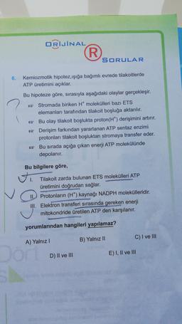 ORİJİNAL
R
SORULAR
6.
Kemiozmotik hipotez,işığa bağımlı evrede tilakoitlerde
ATP üretimini açıklar.
Bu hipoteze göre, sırasıyla aşağıdaki olaylar gerçekleşir.
Stromada biriken H molekülleri bazı ETS
elemanları tarafından tilakoit boşluğa aktarılır.
* Bu olay tilakoit boşlukta proton(HT) derişimini artırır.
* Derişim farkından yararlanan ATP sentaz enzimi
protonlari tilakoit boşluktan stromaya transfer eder.
Bu sırada açığa çıkan enerji ATP molekülünde
depolanır.
Bu bilgilere göre,
ti
Tilakoit zarda bulunan ETS molekülleri ATP
üretimini doğrudan sağlar.
Protonların (H) kaynağı NADPH molekülleridir.
III. Elektron transferi sırasında gereken enerji
mitokondride üretilen ATP den karşılanır.
yorumlarından hangileri yapılamaz?
C) I ve III
A) Yalnız!
B) Yalnız 11
Dor
D) II ve III
E) I, II ve III