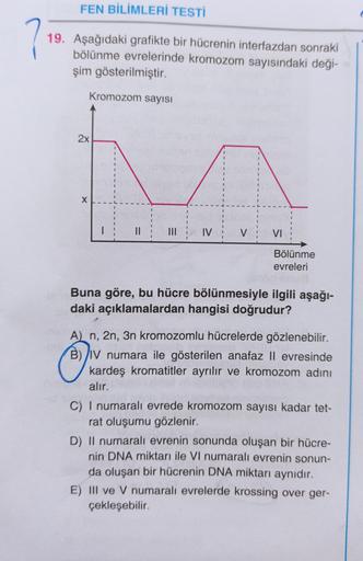 FEN BİLİMLERİ TESTİ
19. Aşağıdaki grafikte bir hücrenin interfazdan sonraki
bölünme evrelerinde kromozom sayısındaki deği-
şim gösterilmiştir.
Kromozom sayısı
2x
X
|
III
IV
V
VI
Bölünme
evreleri
Buna göre, bu hücre bölünmesiyle ilgili aşağı-
daki açıklamal