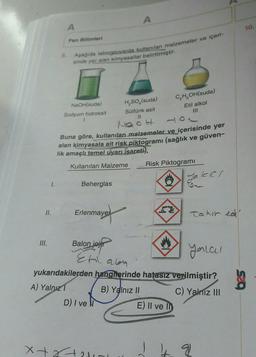 A
A
10.
Fen Bilimleri
8.
Aşağıda laboratuvarda kullanılan malzemeler ve içeri-
sinde yer alan kimyasallar belirtilmiştir.
C,HOH(suda)
Etil alkol
NaOH(suda)
Sodyum hidroksit
1
H, SO, (suda)
Sülfürik asit
11
111
Buna göre, kullanılan malzemeler ve içerisinde yer
alan kimyasala ait risk piktogramı (sağlık ve güven-
lik amaçlı temel uyarı isareti),
Kullanılan Malzeme
Risk Piktogrami
Takich
1.
Beherglas
II.
Erlenmaye
Tahir edi
III.
Balon joje
Yalal
Etl alam
yukarıdakilerden hangilerinde hatasız verilmiştir?
A) Yalnız 1 B) Yalnız II C) Yalnız III
D) I ve
E) II ve II
Xtra
