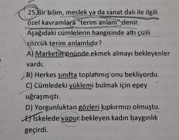 25.Bir bilim, meslek ya da sanat dalı ile ilgili
özel kavramlara "terim anlam" denir.
Aşağıdaki cümlelerin hangisinde altı çizili
sözcük terim anlamlıdır?
A) Marketin önünde ekmek almayı bekleyenler
vardı.
B) Herkes sınıfta toplanmış onu bekliyordu.
C) Cümledeki yüklemi bulmak için epey
uğraşmıştı.
D) Yorgunluktan gözleri kıpkırmızı olmuştu.
Elskelede vapun bekleyen kadın baygınlık
geçirdi.

