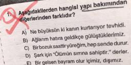 Aşağıdakilerden hangisl yapı bakımından
diğerlerinden farklıdır?
A) Ne büyüksün ki kanin kurtarıyor tevhidi.
B) Ağlarım hatıra geldikçe gülüştüklerimiz.
C) Bir bozuk saattir yüreğim, hep sende durur.
D) Şark için “Ölümün sırrına sahiptir." derler.
E) Bir gelsen bayram olur içimiz, dışımız.