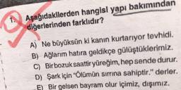 Aşağıdakilerden hangisl yapı bakımından
diğerlerinden farklıdır?
A) Ne büyüksün ki kanin kurtarıyor tevhidi.
B) Ağlarım hatıra geldikçe gülüştüklerimiz.
C) Bir bozuk saattir yüreğim, hep sende durur.
D) Şark için “Ölümün sırrına sahiptir." derler.
E) Bir gelsen bayram olur içimiz, dışımız.
