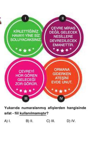 I
KİRLETTİĞİNİZ
HAVAYI YİNE SİZ
SOLUYACAKSINIZ.
ÇEVRE MİRAS
DEĞİL GELECEK
NESİLLERE
DEVREDİLECEK
EMANETTİR.
ÇEVREYİ
HOR GÖREN
GELECEĞİ
ZOR GÖRÜR.
ORMANA
GİDERKEN
ATEŞİNİ
EVDE UNUT.
III
IV
Yukarıda numaralanmış afişlerden hangisinde
sifat - fiil kullanılmamıştır?
A) 1.
B) II.
C) III.
D) IV.