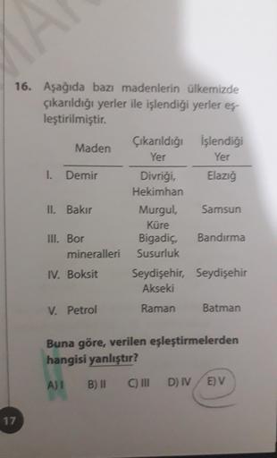 16. Aşağıda bazı madenlerin ülkemizde
çıkarıldığı yerler ile işlendiği yerler eş.
leştirilmiştir.
Çıkanıldığı işlendiği
Maden
Yer
Yer
I. Demir Divriği, Elazığ
Hekimhan
II. Bakır
Murgul, Samsun
Küre
III. Bor
Bigadiç Bandırma
mineralleri Susurluk
IV. Boksit Seydişehir, Seydişehir
Akseki
V. Petrol
Raman
Batman
Buna göre, verilen eşleştirmelerden
hangisi yanlıştır?
AJI
B) II
C) INI
D) IVE) V
17