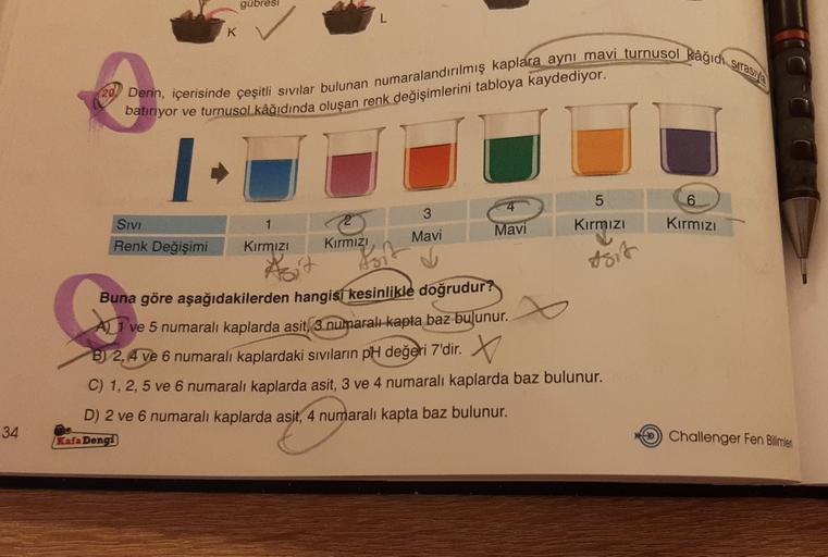gübresi
K
Derin, içerisinde çeşitli sivilar bulunan numaralandırılmış kaplara aynı mavi turnusol kâğıdı sites
batiriyor ve turnusol kâğıdında oluşan renk değişimlerini tabloya kaydediyor.
3
24
5
Kırmızı
6
Kırmızı
SIVI
Renk Değişimi
Mavi
Mavi
Kırmızı
Kırmızı
Asit
Buna göre aşağıdakilerden hangisi kesinlikle doğrudur?
A ve 5 numaralı kaplarda asit, 3 numaralı kapta baz bulunur.
B) 2, 4 Ve 6 numaralı kaplardaki
sıvıların pH değeri 7'dir
. X
C) 1, 2,5 ve 6 numaralı kaplarda asit, 3 ve 4 numaralı kaplarda baz bulunur.
D) 2 ve 6 numaralı kaplarda asit, 4 numaralı kapta baz bulunur.
34
Kafa Dengi
Challenger Fen Bilimlen