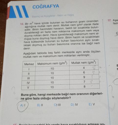 COĞRAFYA
IV
Basing ve Rüzgarlar Nem ve Yagis
17. Aşa
fazl
14. Bir my
hava içinde bulunan su buharının gram cinsinden
ağırlığına mutlak nem denir. Mutlak nem g/m olarak ifade
edilir. Birim hacimdeki havanın, belirli bir sıcaklıkta bulun-
durabileceği en fazla nem miktarına maksimum nem veya
doyma miktarı denir. Hava içerebileceği maksimum nemi al-
mışsa buna doymuş hava denir. Birim hacim ve sıcaklıktaki
hava kütlesinde bulunan su buharı basıncının aynı sicak-
liktaki doymuş su buharı basıncına oranına ise bağıl nem
denir
Aşağıdaki tabloda beş farklı merkezde aynı anda ölçülen
mutlak nem ve maksimum nem miktarları verilmiştir.
Merkez
Maksimum nem (g/mº) Mutlak nem (g/mº)
E
f
4
1
10
6
S
11
10
10
III
10
9
IV
10
7
v
10
8
Buna göre, hangi merkezde bağıl nem oranının diğerleri-
ne göre fazla olduğu söylenebilir?
A)
B) ||
C) III
D) IV
EV
naninindaki bir yerde hava sıcaklıgının artmasi SO-