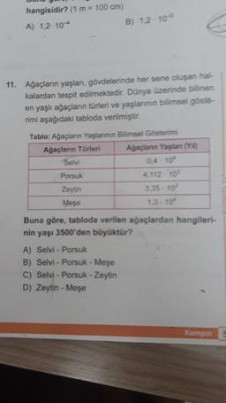 hangisidir? (1 m = 100 cm)
B) 1,2 - 10-
A) 1,2 10-4
11. Ağaçların yaşları, gövdelerinde her sene oluşan hal-
kalardan tespit edilmektedir. Dünya üzerinde bilinen
en yaşlı ağaçların türleri ve yaşlarının bilimsel göste-
rimi aşağıdaki tabloda verilmiştir.
Tablo: Ağaçların Yaşlarının Bilimsel Gösterimi
Ağaçların Türleri Ağaçlanın Yaşlan (Yl)
Selvi
0,4 -10
Porsuk
4.112-10
Zeytin
3.35 - 10
Meşe
1.3 : 104
Buna göre, tabloda verilen ağaçlardan hangileri-
nin yaşı 3500'den büyüktür?
A) Selvi - Porsuk
B) Selvi - Porsuk - Meşe
C) Selvi - Porsuk - Zeytin
D) Zeytin - Meşe
-
Kampen
