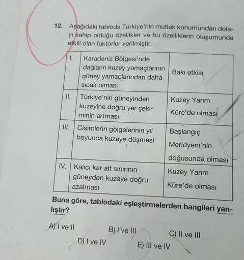 12. Aşağıdaki tabloda Türkiye'nin mutlak konumundan dola-
yı sahip olduğu özellikler ve bu özelliklerin oluşumunda
etkili olan faktörler verilmiştir.
I.
Karadeniz Bölgesi'nde
dağların kuzey yamaçlarının Bakı etkisi
güney yamaçlarından daha
sıcak olması
II.
Türkiye'nin güneyinden
kuzeyine doğru yer çeki-
minin artması
Kuzey Yarım
Küre'de olması
III.
Cisimlerin gölgelerinin yıl
boyunca kuzeye düşmesi
Başlangıç
Meridyeni'nin
doğusunda olması
Kuzey Yarım
IV. Kalıcı kar alt sinirinin
güneyden kuzeye doğru
azalması
Küre'de olması
Buna göre, tablodaki eşleştirmelerden hangileri yan-
lıştır?
A) I ve II
B) I ve III C) II ve III
D) I ve IV E) III ve IV