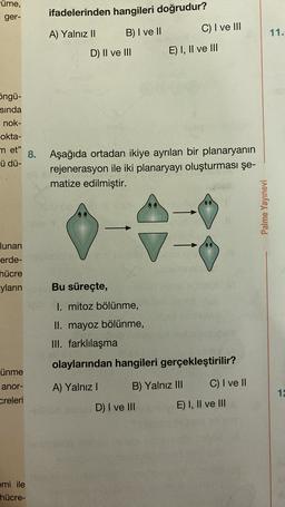 üme,
ger-
ifadelerinden hangileri doğrudur?
A) Yalnız II
B) I ve II
C) I ve III
11.
D) II ve III
E) I, II ve III
ingü-
sinda
nok-
okta-
met"
ü dü-
8.
Aşağıda ortadan ikiye ayrılan bir planaryanın
rejenerasyon ile iki planaryayı oluşturması şe-
matize edilmiştir.
Palme Yayınevi
lunan
erde-
hücre
-yların
Bu süreçte,
1. mitoz bölünme,
II. mayoz bölünme,
III. farklılaşma
olaylarından hangileri gerçekleştirilir?
ünme
anor-
A) Yalniz !
B) Yalnız III
C) I ve II
12
creleri
D) I ve III
E) I, II ve III
emi ile
hücre-
