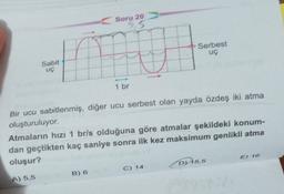 Soru 20
75
Serbest
UÇ
Sabit
uç
1 br
Bir ucu sabitlenmiş, diğer ucu serbest olan yayda özdeş iki atma
oluşturuluyor.
Atmaların hızı 1 brls olduğuna göre atmalar şekildeki konum-
dan geçtikten kaç saniye sonra ilk kez maksimum genlikli atma
oluşur?
E) 16
D15,5
C) 14
B) 6
A) 5,5