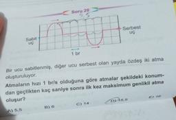 Soru 20
75
Serbest
UÇ
Sabit
uç
1 br
Bir ucu sabitlenmiş, diğer ucu serbest olan yayda özdeş iki atma
oluşturuluyor.
Atmaların hızı 1 brls olduğuna göre atmalar şekildeki konum-
dan geçtikten kaç saniye sonra ilk kez maksimum genlikli atma
oluşur?
E) 16
D15,5
C) 14
B) 6
A) 5,5
