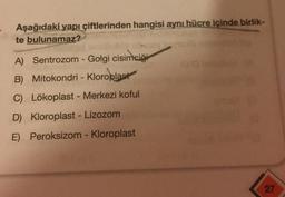 Aşağıdaki yapı çiftlerinden hangisi aynı hücre içinde birlik-
te bulunamaz?
A) Sentrozom - Golgi cisimciği
B) Mitokondri - Kloroplast
C) Lökoplast - Merkezi koful
D) Kloroplast - Lizozom
E) Peroksizom - Kloroplast
27
