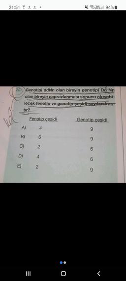 21:51 •
Papit Lyol 94%
Vo))
LTE2
22. Genotipi ddNn olan bireyin genotipi Dd Nn
olan bireyle çaprazlanması sonucu oluşabi-
lecek fenotip ve genotip çeşidi sayılan kaç-
tur?
Fenotip çeşidi
Genotip cesidi
Tiel
A)
4
9
B)
6
9
C)
2
6
D)
4
6
E)
2
9
III
o
<