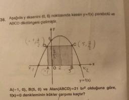 36. Aşağıda y eksenini (0.6) noktasında kesen y=f(x) parabolo ve
ABCD dikdörtgeni çizilmiştir.
y
(-11 2
C
-X
A 02
B
5
y=f(x)
A(-1,0), B(5, 0) ve Alan(ABCD)=21 bra olduğuna göre,
f(x)=0 denkleminin kökler çarpımı kaçtır?