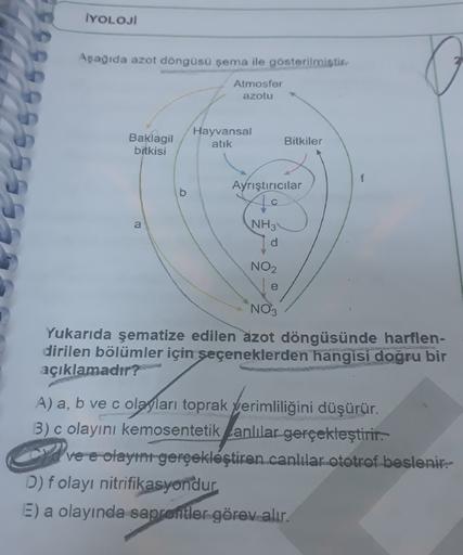 İYOLOJI
Aşağıda azot döngüsü şema ile gösterilmiştir.
Atmosfer
azotu
Baklagil
bitkisi
Hayvansal
atik
Bitkiler
f
Ayrıştırıcılar
b
a
NH3
NO2
e
NO3
Yukarıda şematize edilen azot döngüsünde harflen-
dirilen bölümler için seçeneklerden hangisi doğru bir
açıklam