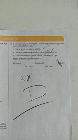 T FENERLER TEST
için aşa-
20. kromozomunun X kromozomu ile homolog olmayan bölgesinde
taşınan karakterlerle ilgili
Yalnız erkek çocuklarda görülür.
IL Babanin erkek çocuklarında görülme ihtint
ihtimal 50 dir
III. Gen baskında olsa çekinik de olsa özellik ortaya çıkar.
ifadelerinden hangileri doğrudur?
A) Yalnız
B) Yalniz ill
ove 11
D) I ve III
E) Il ve III
XX
t kopek-
Jenmek-
ra zarar
