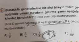 BbDdKkRr genotipindeki bir dişi bireyin “bdkr" ge-
notipinde gamet meydana getirme şansı aşağıda
kilerden hangisidir? (Cross over düşünülmeyecektir.)
(B ve D genleri bağımsız, K ve R genleri aynı X kromoza
mu üzerindedir.)
) C) D) 76
E)
16
32
A)
B)
C
)