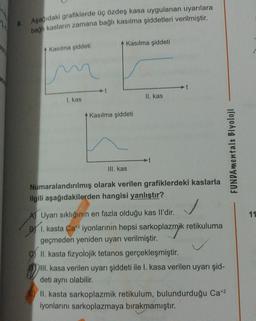 Asagidaki grafiklerde üç özdeş kasa uygulanan uyarılara
bağlı kasların zamana bağlı kasılma şiddetleri verilmiştir.
Kasılma şiddeti
Kasılma şiddeti
II. kas
I. kas
Kasılma şiddeti
FUNDAMentals Biyoloji
III. kas
Numaralandırılmış olarak verilen grafiklerdeki kaslarla
ilgili aşağıdakilerden hangisi yanlıştır?
11
A) Uyarı sıklığının en fazla olduğu kas Il'dir.
B) 1. kasta Cat2 iyonlarının hepsi sarkoplazmik retikuluma
geçmeden yeniden uyarı verilmiştir.
II. kasta fizyolojik tetanos gerçekleşmiştir.
III
. kasa verilen uyarı şiddeti ile I. kasa verilen uyarı şid-
deti aynı olabilir.
II. kasta sarkoplazmik retikulum, bulundurduğu Cat2
iyonlarını sarkoplazmaya bırakmamıştır.
