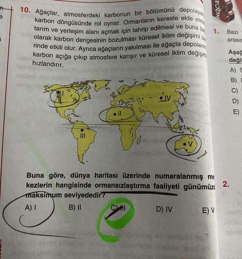 n
HOCA.
Bazı
10. Ağaçlar, atmosferdeki karbonun bir bölümünü depolayar.
karbon döngüsünde rol oynar. Ormanların kereste elde etme
tarım ve yerleşim alanı açmak için tahrip edilmesi ve buna bax 1.
olarak karbon dengesinin bozulması küresel iklim değişimi üz
rinde etkili olur. Ayrıca ağaçların yakılması ile ağaçta depolanm
karbon açığa çıkıp atmosfere karışır ve küresel iklim değişim
hızlandırır.
arasır
o
Aşağ
deği
A)
B)
ger
OV
.II
2.
Buna göre, dünya haritası üzerinde numaralanmış me
kezlerin hangisinde ormansızlaştırma faaliyeti günümüzd
maksimum seviyededir?
A)
B) II
CM
D) IV
E) V