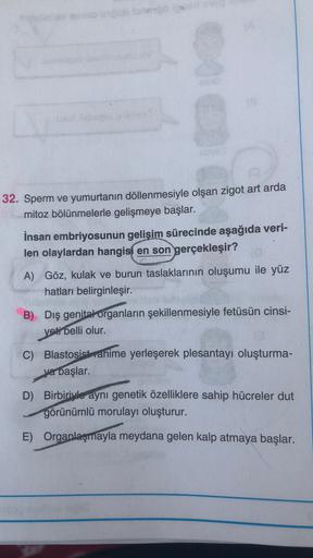 32. Sperm ve yumurtanın döllenmesiyle olşan zigot art arda
mitoz bölünmelerle gelişmeye başlar.
İnsan embriyosunun gelişim sürecinde aşağıda veri-
len olaylardan hangisi en son gerçekleşir?
A) Göz, kulak ve burun taslaklarının oluşumu ile yüz
hatları belir