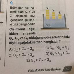 Y
Z
VI-
9.
Bölmeleri eşit ha-
X
cimli olan X, Y ve
Z cisimleri SIVI
içerisinde şekilde-
ki gibi dengededir.
SIVI
Cisimlerin ağır-
lıkları sırasıyla
Gy, Gy ve Gz olduğuna göre aralarındaki
ilişki aşağıdakilerden hangisidir?
A) Gz > Gy> GX B) Gx = G = GZ
C) Gx > Gy>GZ
>
D) Gx > Gz>GY
E) Gy > G > GX
>
1
69
Fizik Modüler Soru Bankası