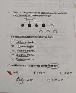 Bes
2.
Belirli bir özelliği fenotipinde gösteren bireyler aşağıdaki
soy ağacında koyu renkle gösterilmiştir.
Bu karakterin kalıtımını sağlayan gen;
aleliyle eş baskın,
Yotozomal çekinik,
III. otozomal baskın,
YV. X'e bağlı çekinik,
V. X'e bağlı baskın
özelliklerinden hangilerine sahip olabilir?
I ve II
B) Il ve IV
C) III ve v
D)), II ve IV
E) III, IV ve V