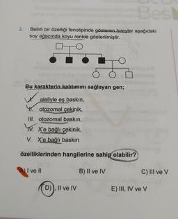 Bes
2.
Belirli bir özelliği fenotipinde gösteren bireyler aşağıdaki
soy ağacında koyu renkle gösterilmiştir.
Bu karakterin kalıtımını sağlayan gen;
aleliyle eş baskın,
Yotozomal çekinik,
III. otozomal baskın,
YV. X'e bağlı çekinik,
V. X'e bağlı baskın
özelliklerinden hangilerine sahip olabilir?
I ve II
B) Il ve IV
C) III ve v
D)), II ve IV
E) III, IV ve V
