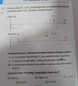 2
6. Özdeş yaylar F, ve F, büyüklüğünde kuvvetlerle gerdirilerek
şekildeki gibi K ve L atmaları oluşturuluyor.
Sabit uç
K
F
Serbest uç
L
F2
1
Katmasının hızı Latmasınınkinden büyük olduğuna göre;
1. F, kuvvetinin büyüklüğü F, kuvvetininkinden büyüktür.
II. Katmasının genişliği L atmasınınkinden büyüktür.
IIKatmasi ters dönerek yansırken Latmasi ters dönmeden
yansır.
yargılarından hangiteri kesinlikle doğrudur?
C) I ve II
A) Yalnız!
D) II ve III
B) Yalnız III
E) I ve III
