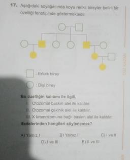 17. Aşağıdaki soyağacında koyu renkli bireyler belirli bir
özelliği fenotipinde göstermektedir.
O
: Erkek birey
: Dişi birey
Bu özelliğin kalitımı ile ilgili,
1. Otozomal baskın alel ile kalıtılır.
II. Otozomal çekinik alel ile kalıtılır.
III. X kromozomuna bağlı baskın alel ile kalıtılır.
ifadelerinden hangileri söylenemez?
C) I ve Il
A) Yalnız!
B) Yalnız 11
D) I ve III
E) II ve III